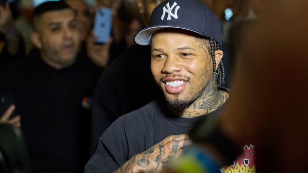 Gervonta Davis arrives for his pre-fight appearance with Ryan Garcia in Las Vegas on Apr 20, 2023. 